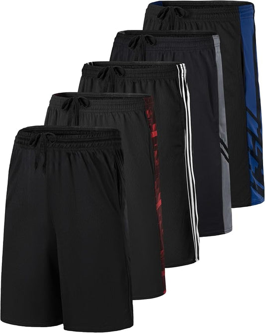 5 Pack Men's Mesh Shorts Athletic Basketball Sports Gym Workout Pockets | Cooling Moisture-Wicking, 9", Long, Quick-Dry, Breathable, Elastic Drawstring Waistband. Running, Exercise, Soccer, Training. by RealEssentials