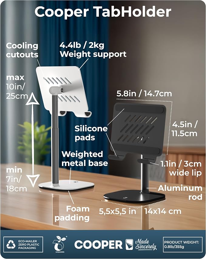 COOPER TabHolder, 7-10" Height Adjustable Tablet Stand, Premium iPad Stand for Desk, 270° Tilt iPad Holder, Kindle Holder, 15.6-17" Portable Monitor Support (White) - Image 8