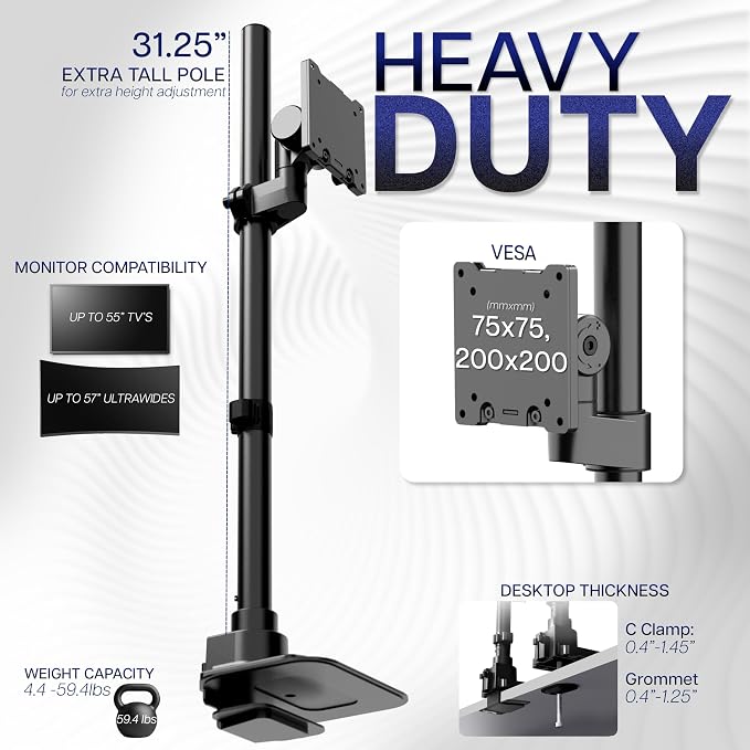 VIVO Single Ultra-Wide Monitor Desk Mount for up to 57 inch Ultrawide Screens, Extra Tall Heavy Duty Adjustable Stand Holds 59.4 lbs, Black, STAND-V157R - Image 3