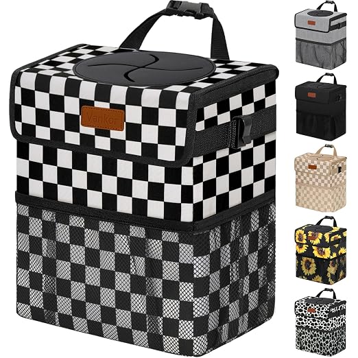Vankor 3 Gallons Car Trash Can with Lid, Bag Bin Hanging Waterproof Automotive Car Garbage Cans Leak Proof Vehicle Trash Can for Truck SUV, Black White Checkered by Vankor