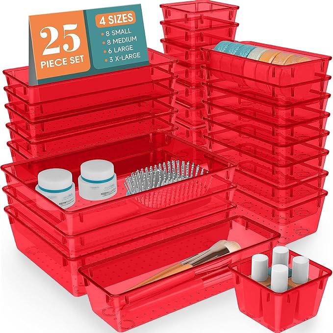 WOWBOX 25 PCS Plastic Drawer Organizer Set, 4 Sizes Desk Drawer Divider Organizers and Storage Bins for Makeup, Jewelry, Gadgets for Kitchen, Bedroom, Bathroom, Office, Clear Red by WOWBOX