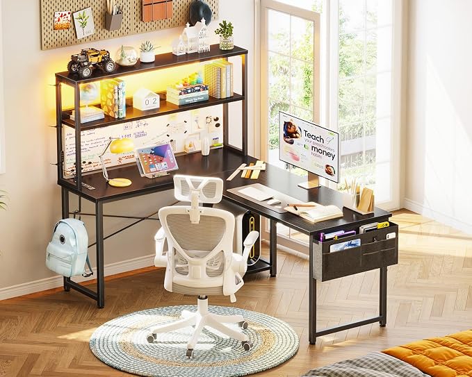 AODK L Shaped Desk Gaming Desk with LED Light & Power Outlet | 53 Inch Black Reversible L Shaped Computer Table with Shelf & Storage Bag & Hook for Home Office - Image 9