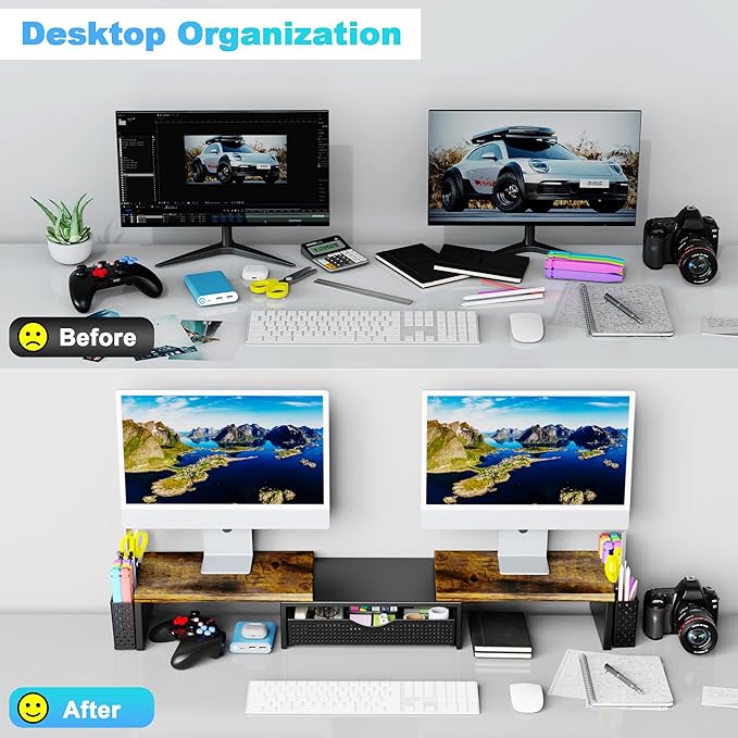 Spacrea Metal Desk Organizers and Accessories, Dual Monitor Stand Riser with Drawer and 2 Pen Holders, Desk Accessories & Workspace Desktop Organizers for Office Supplies (Wood) - Image 2