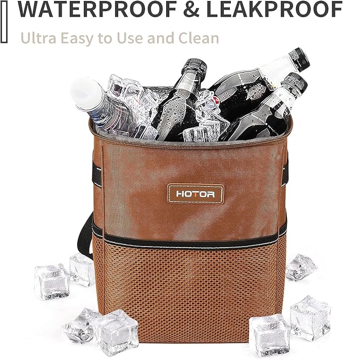 HOTOR Brown Car Trash Can with Adjustable Strap, Magnetic Snaps, Waterproof Lining, and Storage Pocket - Image 4
