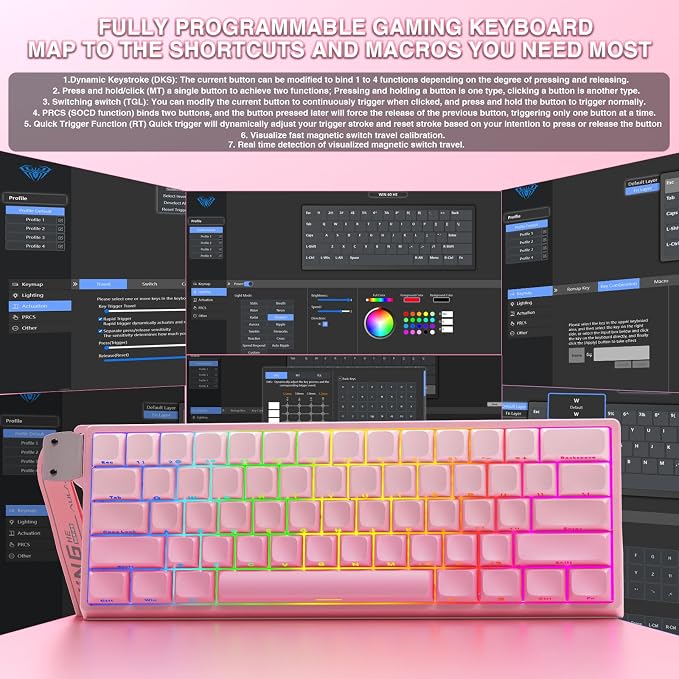 Aula WIN60 HE - 60% Mechanical Gaming Keyboard Wired, Hall Effect Magnetic Switch Hot Swappable,8000 Hz Polling Rate, RGB Keyboard 60 Percent Compact Design for PC (Gradient Pink) - Image 7