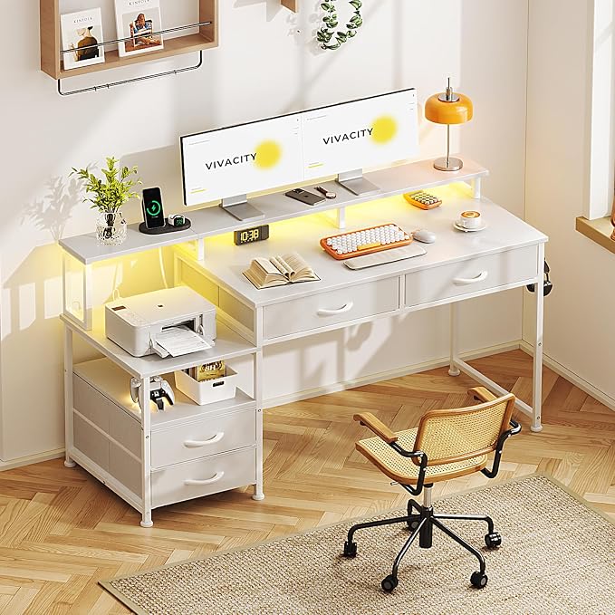 MUTUN 53" Computer Desk with 4 Drawers & Power Outlets, Reversible Home Office Desk with Monitor Stand & Printer Stand, Gaming Desk with Led Lights, Study Writing Work Desk Table for Bedroom (White) - Image 2