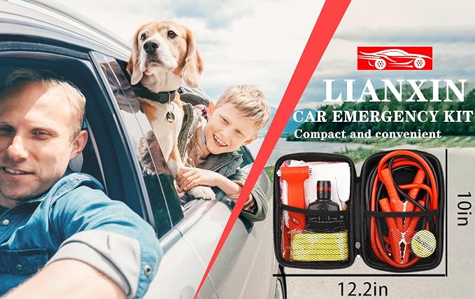 LIANXIN Car Roadside Emergency Kit,with Jumper Cables Car Safety Kits | Emergency Car Kit Tow Straps Headlamp Jumping Cables Safety Hammers Gloves, Breakdowns Gifts for New Drivers - Image 7