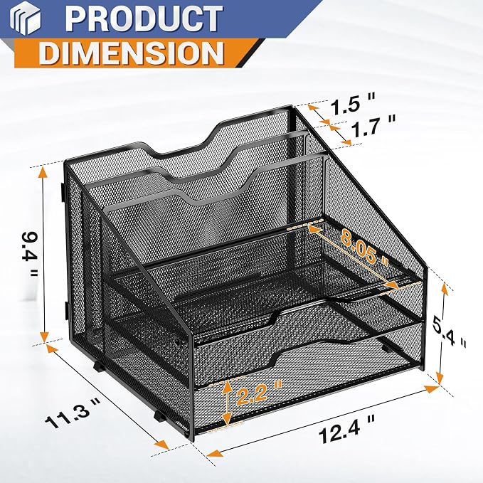 GAWERK Desk File Organizer Paper Letter Tray File Holder Office Rack, Black | Paper Tray Organizer, File Organizer for Desk, Metal Mesh Office Organization with 3 Paper Trays and 2 Vertical Section - Image 2