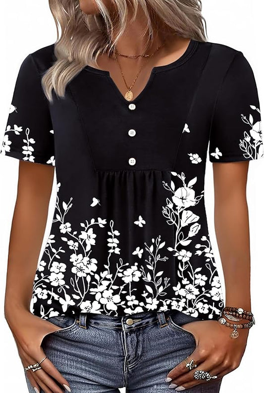 Zeagoo Womens Short Sleeve Tops Summer Henley V-Neck Tshirts Casual Pleated Blouse Dressy Loose Floral Basic Tee by Zeagoo