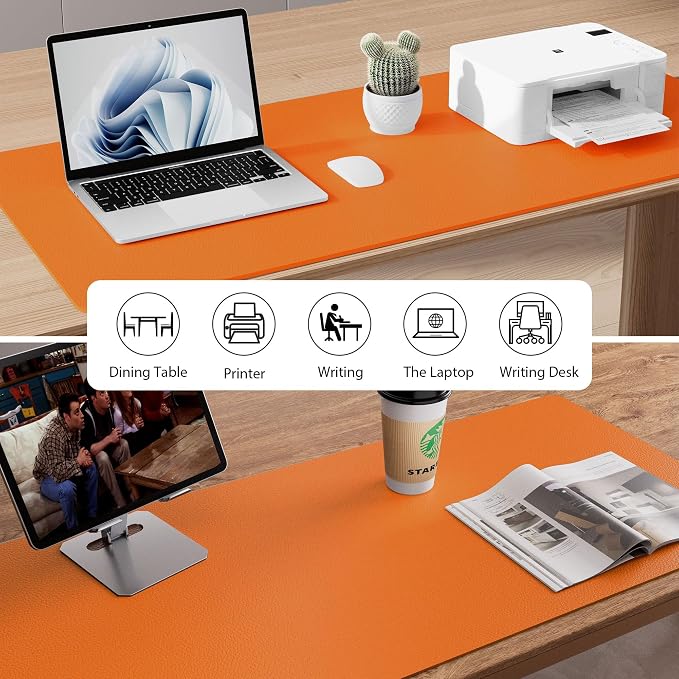 Aothia Faux Leather Desk Mat - Non-Slip PU Leather Desk Blotter, Waterproof Writing Surface, Large Desk Pad for Office & Home (Hermes Orange, 55" x 24") - Image 6