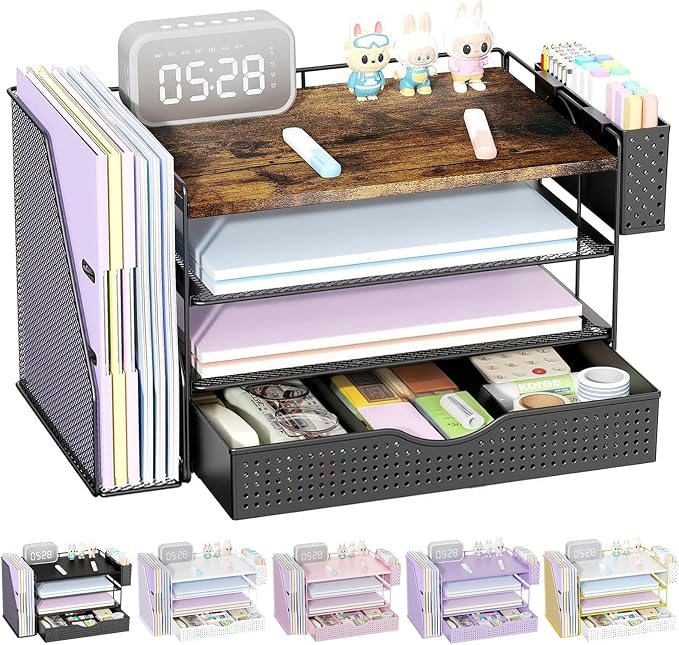 gianotter Wood Desk Organizers and Accessories with File Sorters, 4-Tier Desk Accessories & Workspace Organizers with Drawer and Pen Holder, Desk Reference Organizer (Wood, 4T with Drawer) by gianotter