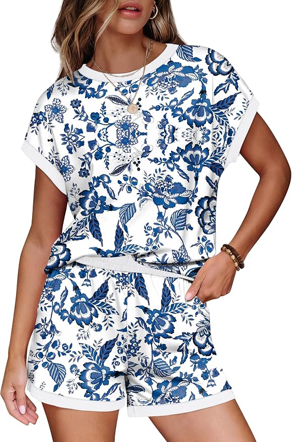 WIHOLL Two Piece Sets for Women Summer Lounge Short Sets Cap Sleeve Crew Neck Sweatsuit with Pocket XS-2XL - Image 2
