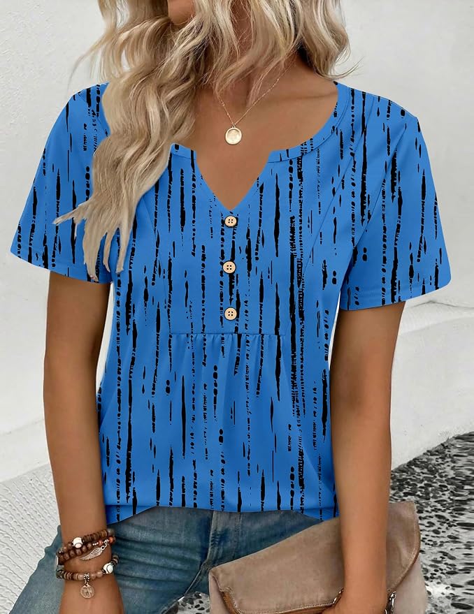 Zeagoo Womens Short Sleeve Tops Summer Henley V-Neck Tshirts Casual Pleated Blouse Dressy Loose Floral Basic Tee - Image 3