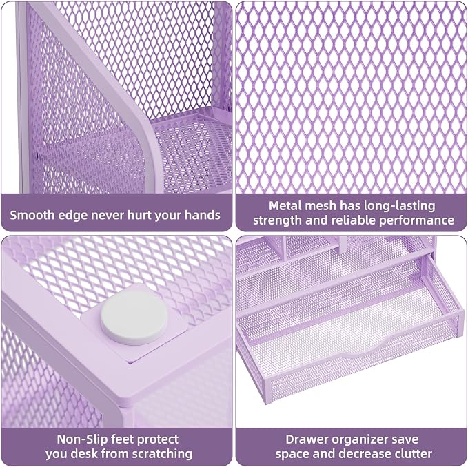 Marbrasse Mesh Pen Holder for Desk, Multi-Functional Pencil Organizer with Drawer, Desk Organizers and Accessories for Office Art Supplies (Purple) - Image 6