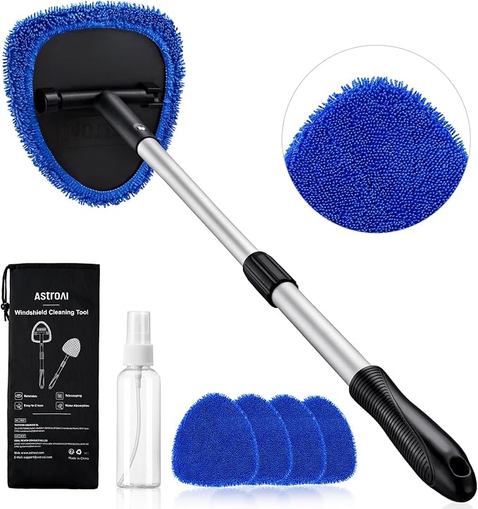 AstroAI 32" Ultra-Long Windshield Cleaner Tool, Car Interior Window Detailing Cleaning Kit with Extendable Handle and 4 Upgraded Reusable Microfiber Pads, Auto Glass Wiper Brush Kit for Car&Home, Blue by AstroAI