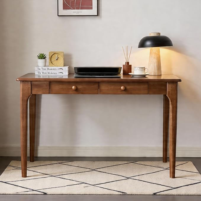 40" Walnut Solid Wood Desk with Drawers,Mid Century Modern Natural Real Wood Writing Desk,Home Bedroom Small Spaces Computer Office Workstation Desks - Image 7