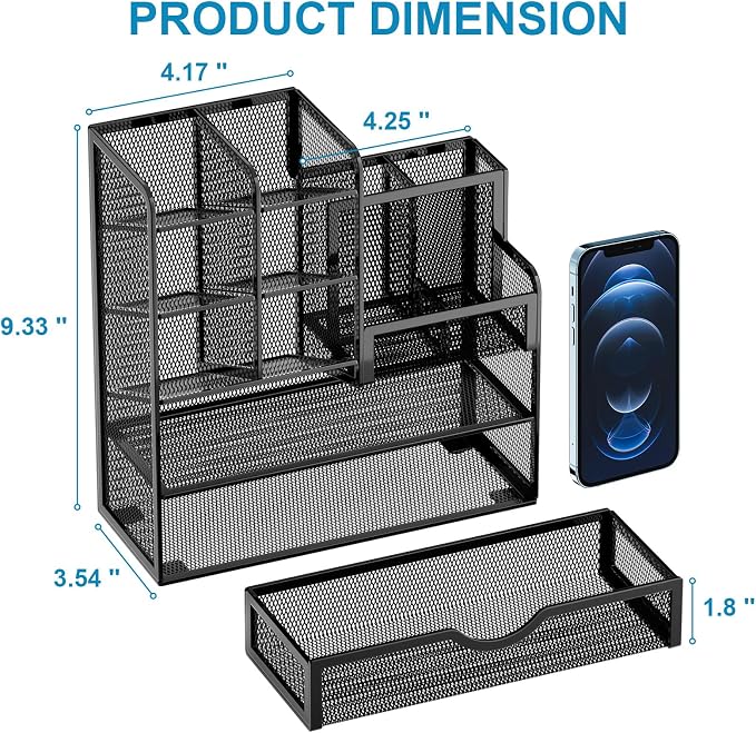 Marbrasse Mesh Pen Holder for Desk, Multi-Functional Pencil Organizer with Drawer, Desk Organizers and Accessories for Office Art Supplies (Black) - Image 5