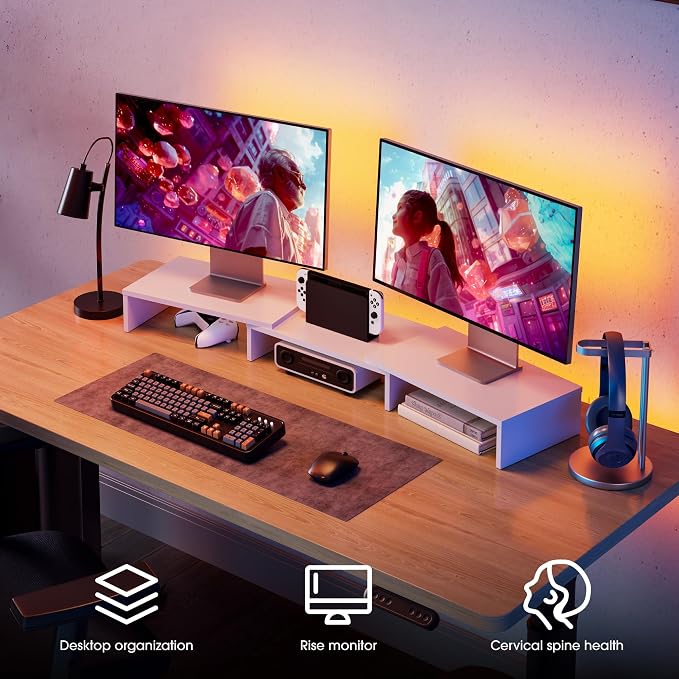 FITUEYES Dual Monitor Stand Riser, Adjustable Length and Angle, White | Wooden 3-Shelf Design, Supports up to 55lbs, Flexible for Standard Corner Space, Holds Monitor, Laptop, Phone, Printer - Image 2