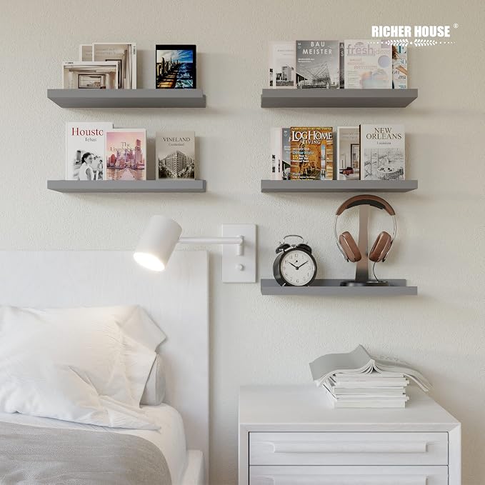 RICHER HOUSE Mounted Shelves for Wall Decor, Modern Picture Ledge Shelf with Lip for Wall Storage Nursery, Bedroom, Living Room, Bathroom - Grey | Display Picture Ledge Shelf, Anti-drop lip Shelf for Room Wall Decor, Bedroom Bathroom Storage Nursery Bo... - Image 2