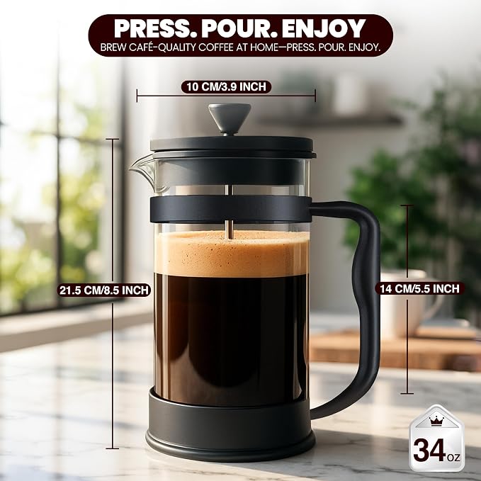 Utopia Kitchen Borosilicate Glass French Press Coffee Maker 34 oz, Heat-Resistant Cafetiere & Tea Maker, Thickened Glass Coffee Press for Travel and Camping, Black (Pack of 2) - Image 4