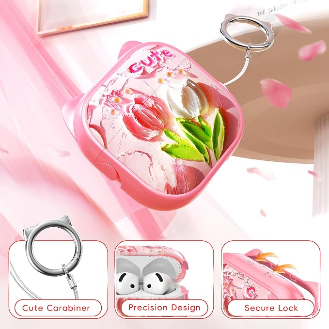for AirPods 4 Case with Cleaning Kit, Cute Cat Ear Print Design & Cute Buckle, Inverted Phone Holder Design, Top Safe Lock Buckle Design, for Girls AirPods 4 case 2024, Tulip - Image 5