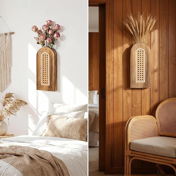Dnnnii 2 Pack Wooden Wall Vase Set - Brown Finish Hollow Rattan Modern Farmhouse & Boho Wall Decor for Entryway, Hallway, Bathroom, Living Room, Dining Room, Narrow Spaces - Image 7