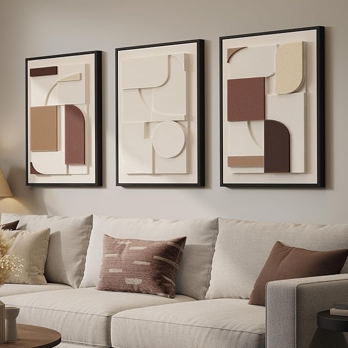 3D Textured Framed Neutral Wall Art, Brown Tan Beige Geometric Texture Artwork for Walls, 3 Piece Minimalist Modern Sandstone Art Painting for Living Room Hallway Office Kitchen Wall Decor, 16x24 Inch by Cuspin