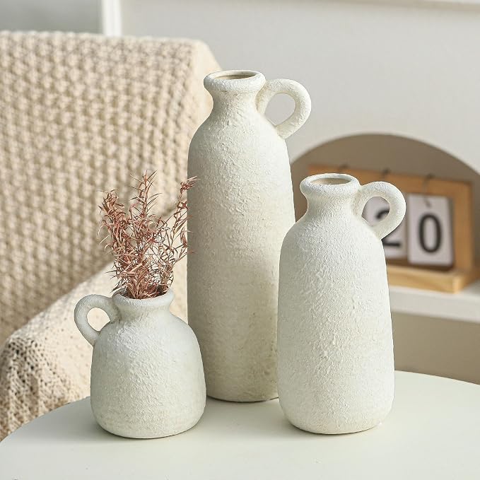 Ceramic Vase Set of 3 with Handle, Neutral Rustic Vases Home Decor Farmhouse Decorative Vase Whitewashed Pottery Decor Modern for Table Mantel Entryway Bookshelf Living Room Kitchen Bedroom - White - Image 4