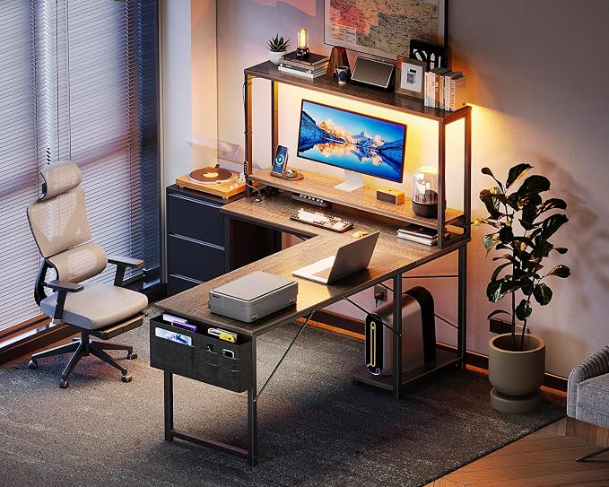AODK L Shaped Desk Gaming Desk with LED Light & Power Outlet | 53 Inch Grey Oak Reversible L Shaped Computer Table with Shelf & Storage Bag & Hook for Home Office - Image 7