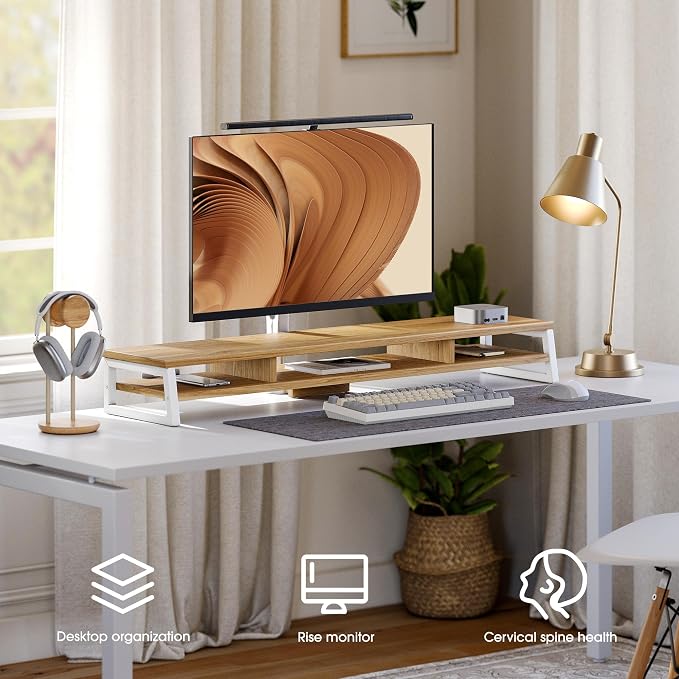 Fenge Dual Monitor Stand for Desk, 42.5in Large Monitor Riser for 2 Monitors, 2 Tier Computer Office Desk Top Shelf, Desktop Storage Stand for Laptop, PC, Computer, Printer - Image 2