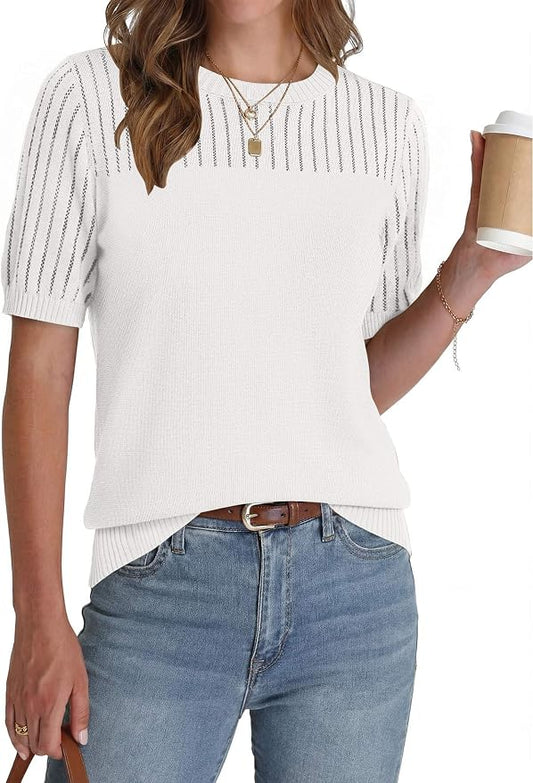 Zeagoo Women's Short Sleeve Sweater Tops 2026 Spring Summer Crew Neck Hollow Out Blouses Dressy Business Casual Outfits by Zeagoo