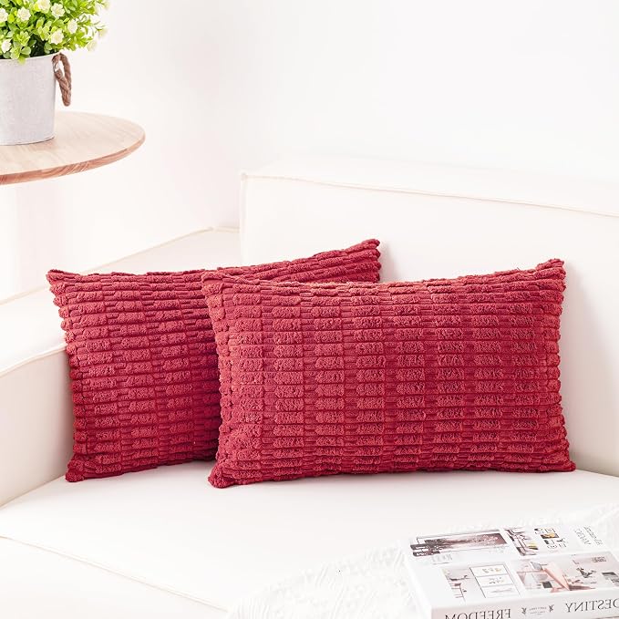 Aegero Pack of 2 Corduroy Decorative Throw Pillow Covers 12x24 Inch Soft Striped Pillow Covers Modern Farmhouse Home Decor for Sofa Living Room Couch Bed（Cranberry Red） by Unknown