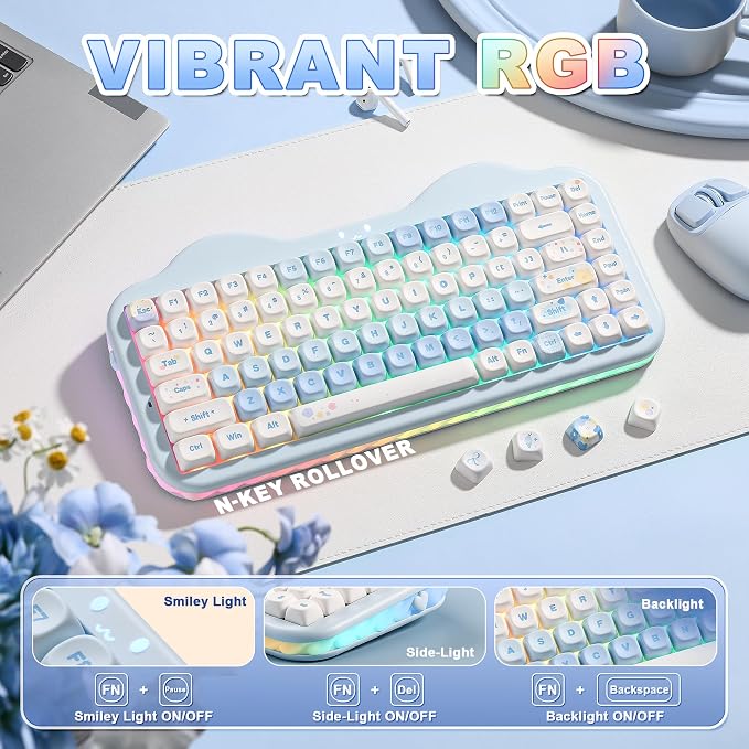 YUNZII C75 Cute 75% Wireless Mechanical Keyboard (Blue, Milk V2 Switch) | Creamy Cake Keyboard, BT5.0/2.4G/USB-C, Hot-Swap, NKRO, PBT MOA Keycaps,5500mAh RGB Gasket Mount for Mac/Win/Gaming/Office - Image 7