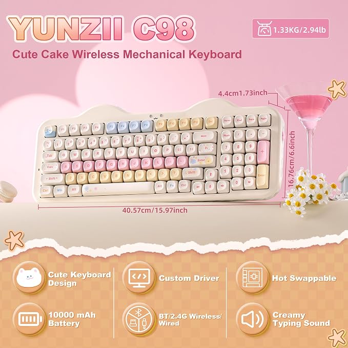 YUNZII C98 Cute Cake Wireless Mechanical Keyboard (Beige, Candy Switch) | 99 Keys with Number Pad, Hot Swap, PBT MOA Keycaps, BT5.0/2.4G/USB-C, Gasket Mount, Custom RGB Backlit for Win/Mac - Image 2