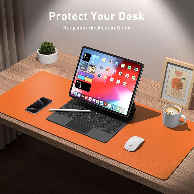Aothia Leather Desk Pad Protector, Office Desk Mat, Large Mouse Pad, Non-Slip PU Leather Desk Blotter, Laptop Desk Pad, Waterproof Desk Writing Pad for Office and Home (48"x17", Hermes Orange) - Image 3