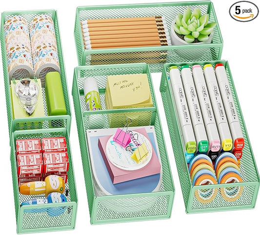 Marbrasse 5 Pack Desk Drawer Organizer Set, Mesh Drawer Storage Trays with 1 Adjustable Divider, Desk Organizers and Accessories, 5 PCS Drawer for Office Supplies, Makeup & Vanity (Green) by Marbrasse