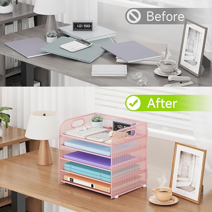 Cawukege 5 Tier Paper Organizer with Handle, Pink Metal Mesh Desk Organizer File Folder Paper Letter Tray Desktop Document Sorter for Classroom, School, Office Accessories Organization and Storage - Image 6