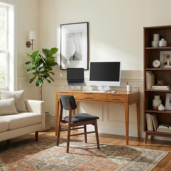 SIMPLIHOME Harper Desk - 60 Inch Wide Solid Wood Writing Desk in Honey Brown, Mid-Century Modern Home Office Computer Table for Study with 2 Drawers and Flip-Down Keyboard Tray - Image 4