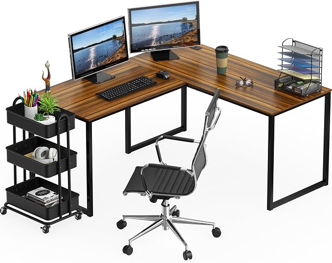 SHW Mission 55 x 60 L-Shape Home Office Computer Desk, Walnut | Reversible Desktop Design - Image 6