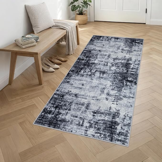 Washable Area Rug 3x8 Entryway Rug: Washable Modern Abstract Soft Thin Rug Indoor Floor No Slip Stain Resistant Carpet for Bedroom Dining Room Farmhouse Nursery Home Office - Dark Black - Image 3