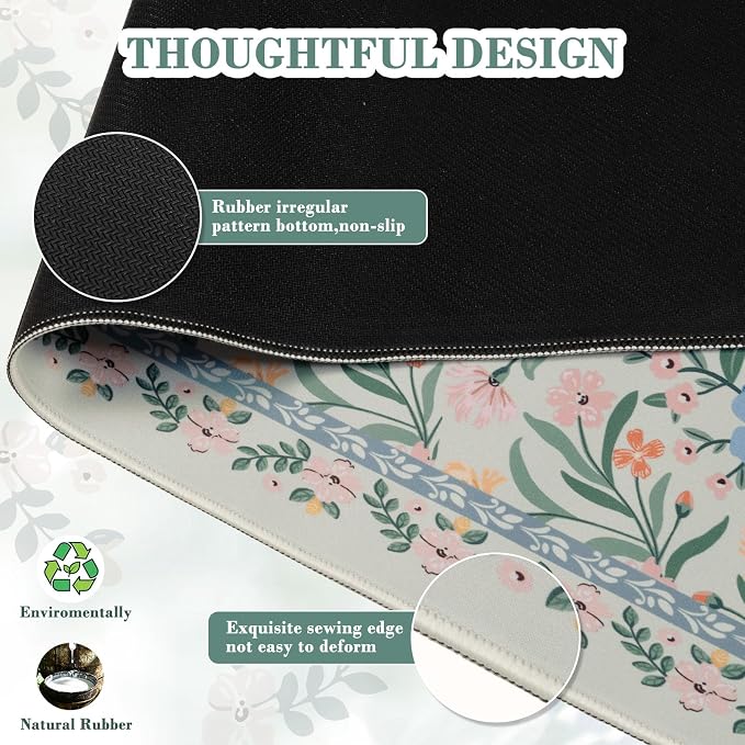 iCasso Aesthetic Desk Mat,31.5x11.8 Mouse Pads,Green Floral | Anti-Slip Mousepad with Stitched Edges, Waterproof Computer Pad, Green Desk Accessories Office Decor for Women - Image 4