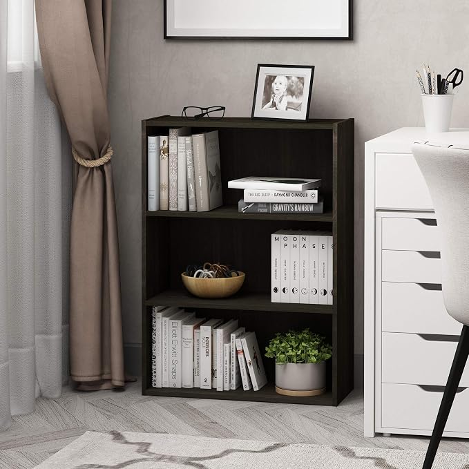 Furinno PASIR Book Shelf, 3-Tier Bookshelf, Storage Shelves Bookcase, 9.7 x 23.7 x 31.5, for Living Room, Bedroom, Home Office, Espresso - Image 2