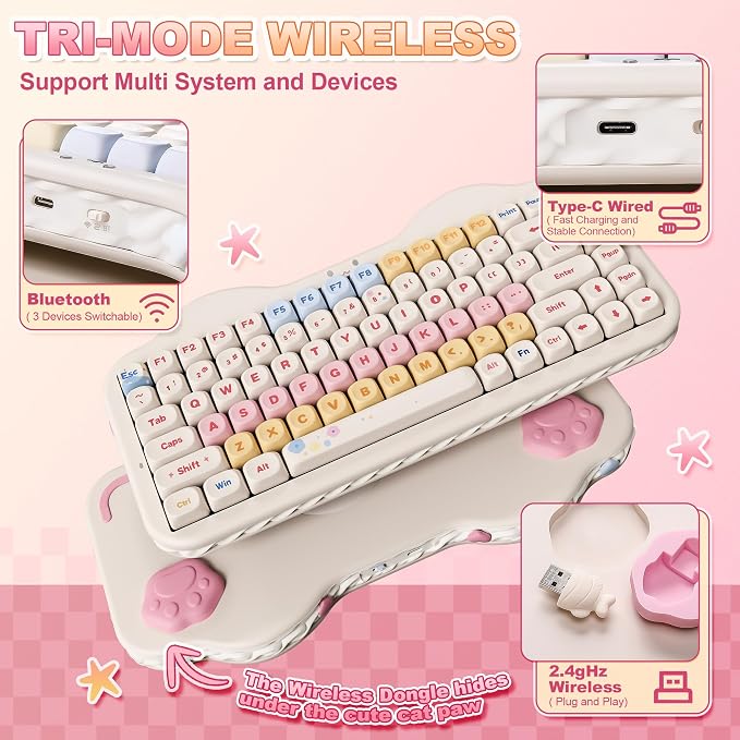 YUNZII C75 Cute 75% Wireless Mechanical Keyboard (Beige, Milk Switch) | Creamy Cake Keyboard, BT5.0/2.4G/USB-C, Hot-Swap, NKRO, PBT MOA Keycaps,5500mAh RGB Gasket Mount for Mac/Win/Gaming/Office - Image 3