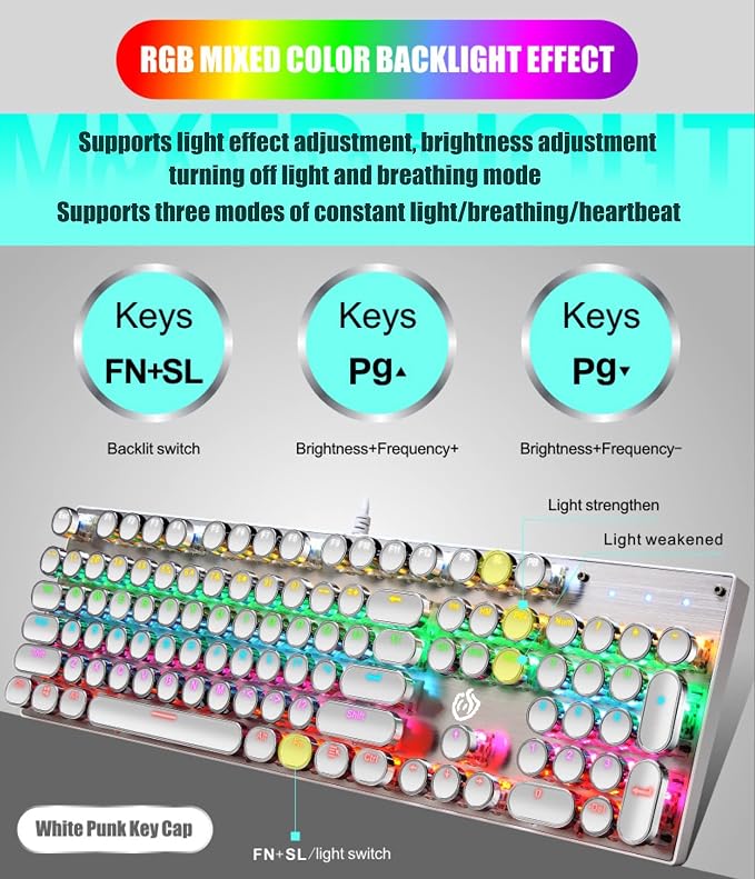YSCP Typewriter Style Mechanical Gaming Keyboard Rainbow Backlit Wired with Blue Switch Retro Round Keycap 104 Keys Keyboard (L-White) - Image 3