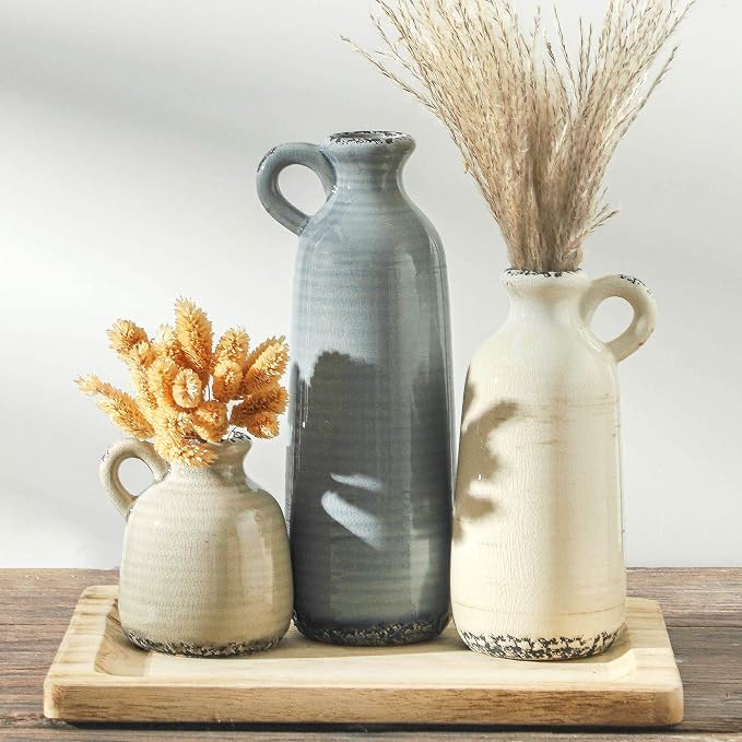 Ceramic Vases Set of 3, Neutral Rustic Farmhouse Vase with Handle, Decorative Flower Vases Home Decor Modern Boho Pampass Vase for Table Mantel Entryway Shelf Living Room Kitchen Bathroom - Ocean by ooit