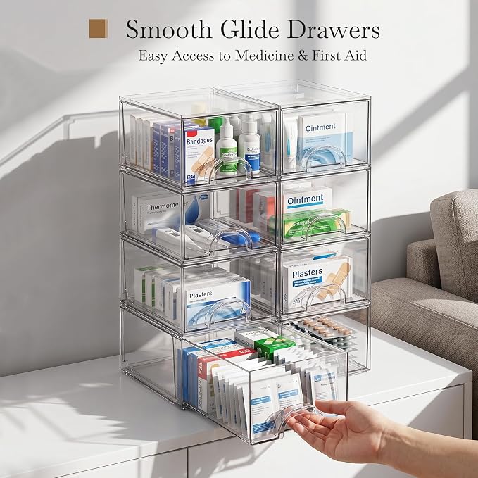 8 Pack Small Clear Stackable Acrylic Storage Boxes for Art Tool & Sketch, Storage Drawers, Storage Organizer, Clear Plastic Makeup Organizer, Ideal for Vanity, Cabinet, Desk Organization - Image 5