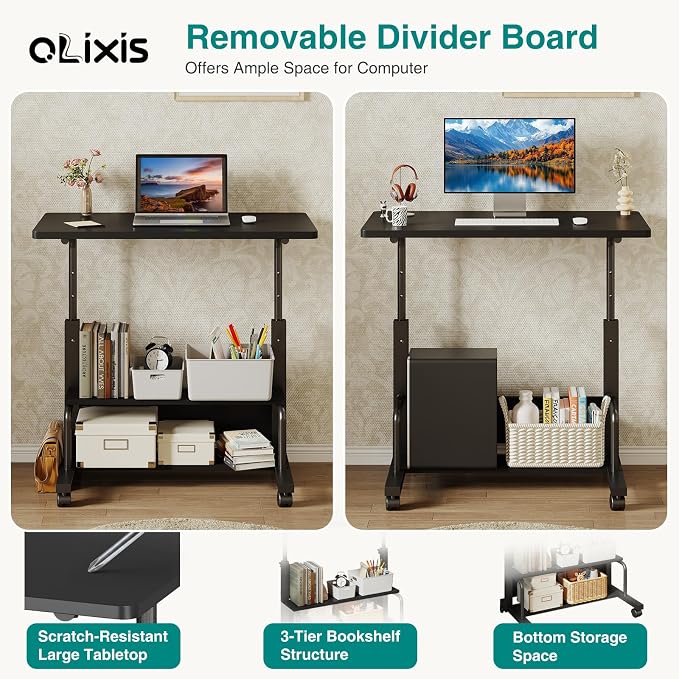 OLIXIS Rolling Desk, Storage Shelves, Laptop Table, Home Office | Height Adjustable Design, Computer Desks on Wheels, Portable for Small Spaces Use, Black - Image 5
