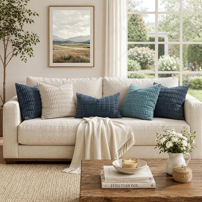 MIULEE Pack of 2 Corduroy Decorative Lumbar Throw Pillow Covers 20x12 Inch Soft Boho Striped Pillow Covers Modern Farmhouse Home Decor for Summer Coastal Sofa Living Room Couch Bed Blue - Image 3