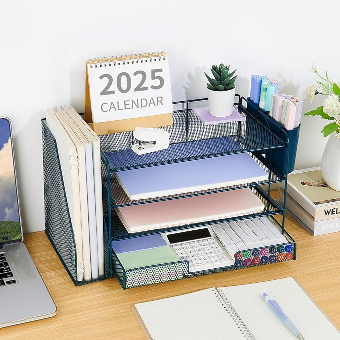 OPNICE Desk Organizer, 4-Tier Desktop File Organizer with Drawer and Pen Holders, Office Desk Accessories, File Sorters, Workspace Organizers for Office Supplies(Dark Blue) - Image 5
