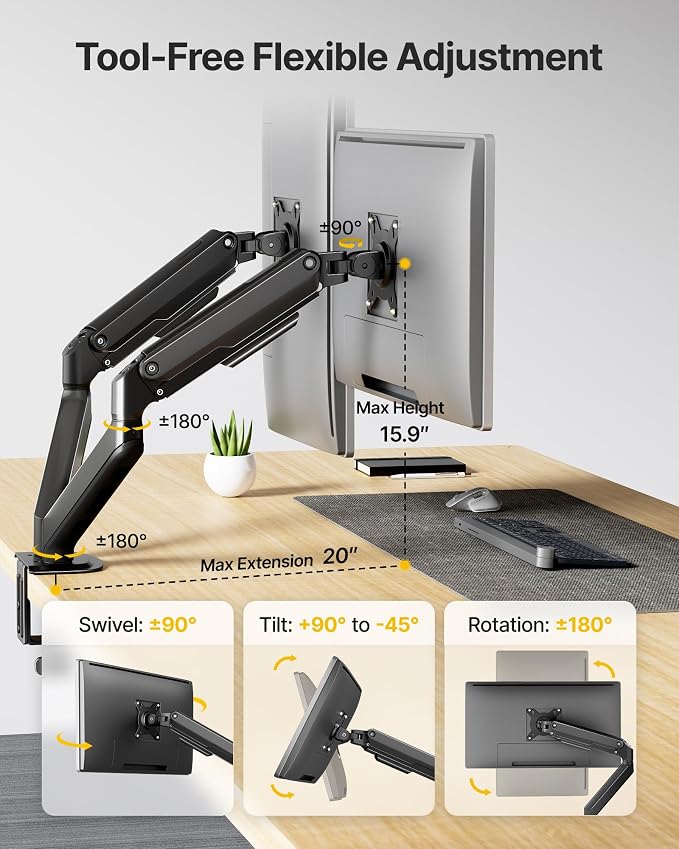 monTEK Dual Monitor Stand for Desk, 17-32 Inch Mechanical Spring Dual Arm, Heavy Duty Steel Adjustable Monitor Mount, Full Motion VESA 75x75/100x100, C-Clamp & Grommet, Holds Up to 20 lbs Each - Image 3